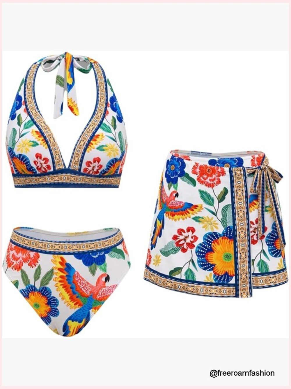 Floral Tropical Print Boho 3 Piece Bikini Set with Wrap Skirt